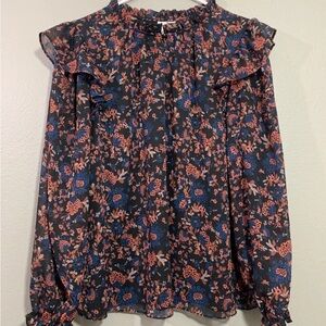 JOIE Blue Orange Metallic Floral Long Sleeve Blouse Size Medium